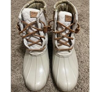 Sperry Saltwater Womens Quilted Duck Boots Ivory Beige Mallard Lining Gorpcore 8